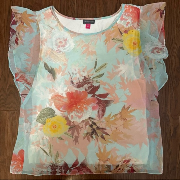 Vince Camuto Chiffon Flutter Short Sleeve Faded Bloom Top Blue Floral Size Med - Picture 7 of 8